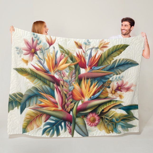 Couverture Polaire Fleurs Tropicales Platinées (En situation)