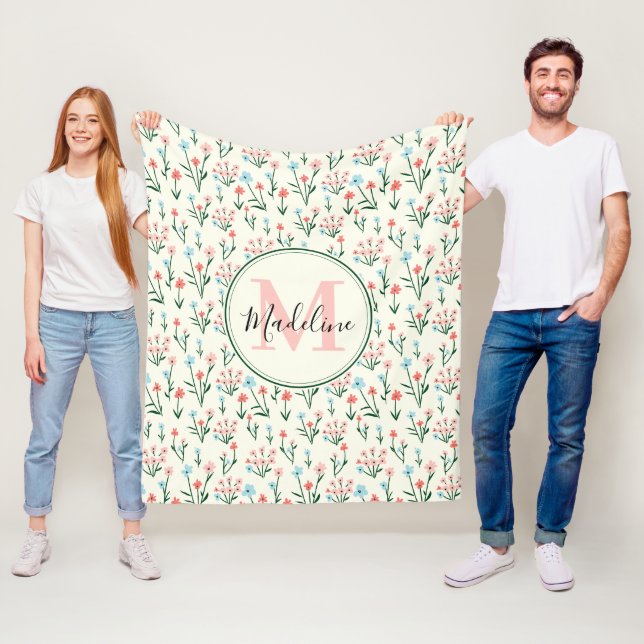 Couverture Polaire Fleurs végétales florales Monogrammes roses (En situation)