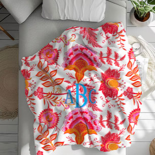 Couverture Polaire Fleurs Vintages Monogram Preppy Rose et orange