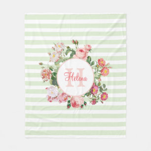 Couverture Polaire Fleurs vintages Pastel Green Stripes Monogramme