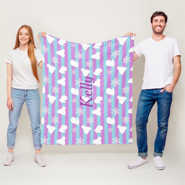 Couverture Polaire Flocon bleu violet personnalisé Mittens Casquettes (En situation)