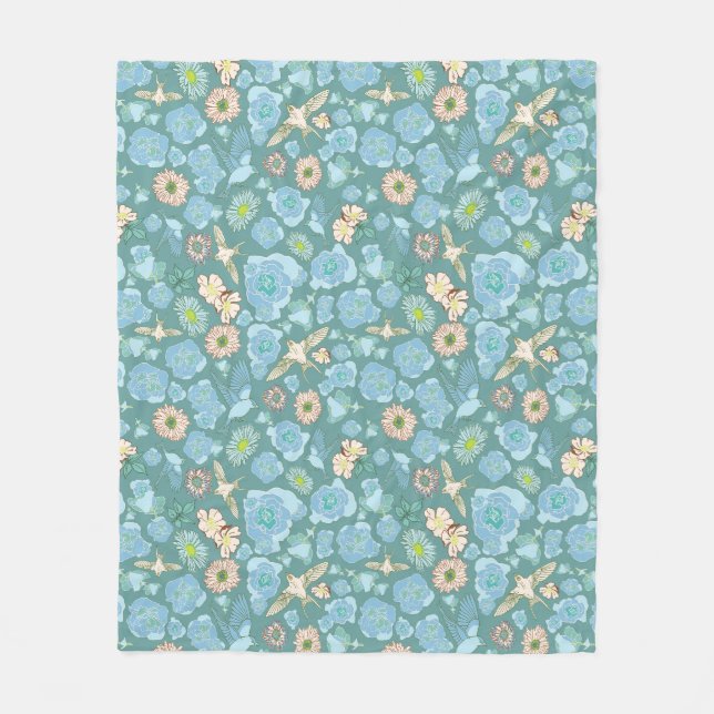Couverture Polaire Floral et oiseaux d'hiver luxuriants Bleu, Turquoi (Devant)