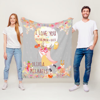 Couverture Polaire Floral "I Love You to the moon & back" Aquarelle