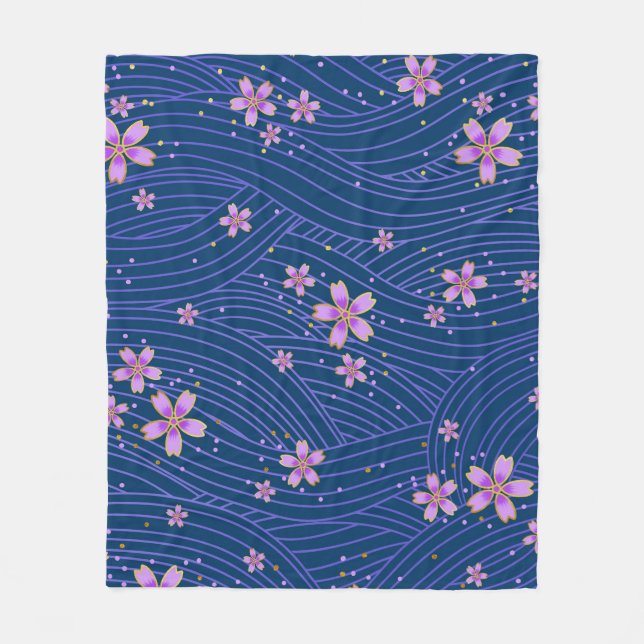 Couverture Polaire Floral Japonais bleu et rose Sakura Motif pétal (Devant)