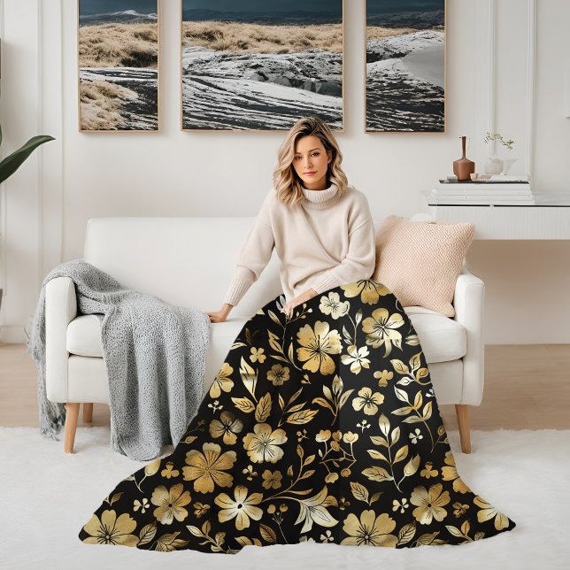 Couverture Polaire Floral or et noir élégant (Floral Golden and Black Elegant Fleece Blanket)
