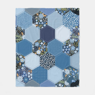 Couverture Polaire Floral, patchwork de denim : motif bleu.