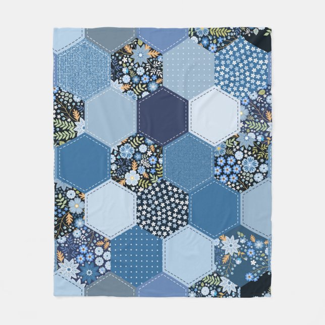 Couverture Polaire Floral, patchwork de denim : motif bleu. (Devant)