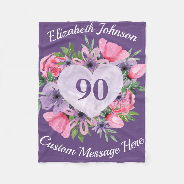 Couverture Polaire Floral violet 90e Anniversaire blanc pour femmes (Devant)