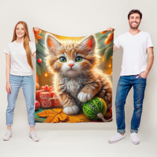 Couverture Polaire Fluffy Christmas Kitten Jeu d'oreiller
