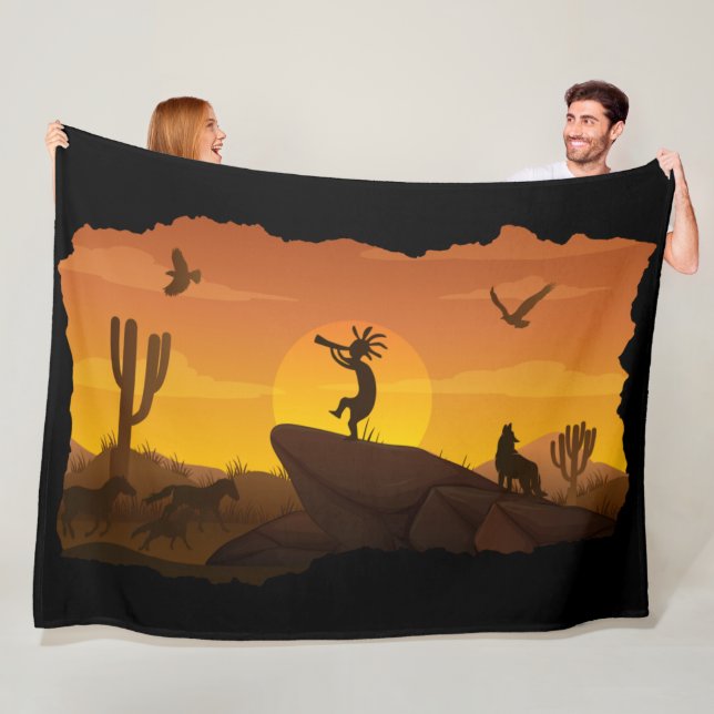 Couverture Polaire Flûte Jouer Paysage du désert Kokopelli Fleece B (En situation)
