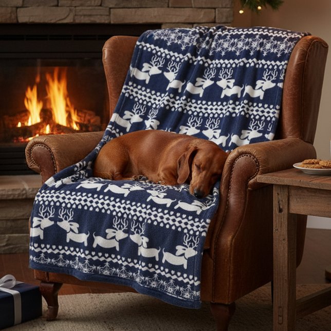 Couverture Polaire Foire de Noël de Dachshund Isle Dog Blanket (Blue reindeer dachshund fair  isle sweater design for Christmas festivities and snugging. )