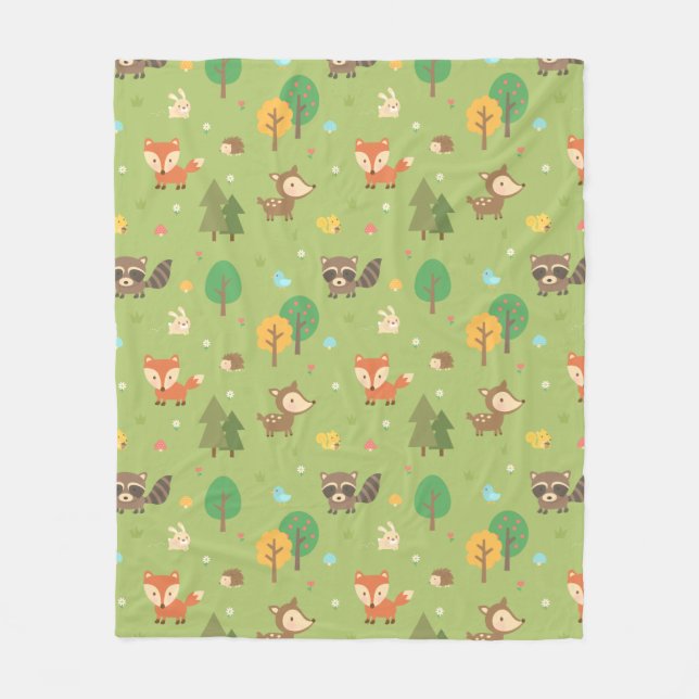Couverture Polaire Forêt mite Bois Motif animal vert (Devant)