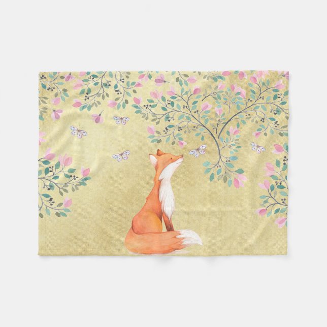 Couverture Polaire Fox avec des papillons et des fleurs roses (Devant (Horizontal))