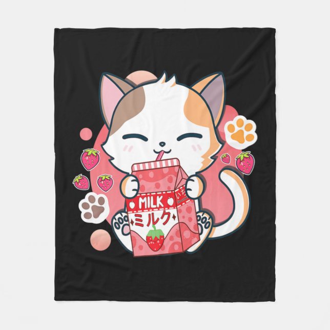 Couverture Polaire Fraise Lait Chat Kawaii Anime Neko Cadeau Filles T (Devant)