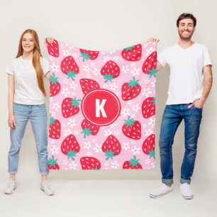 Couverture Polaire Fraises Roses Rouges Motif Floral Monogramme