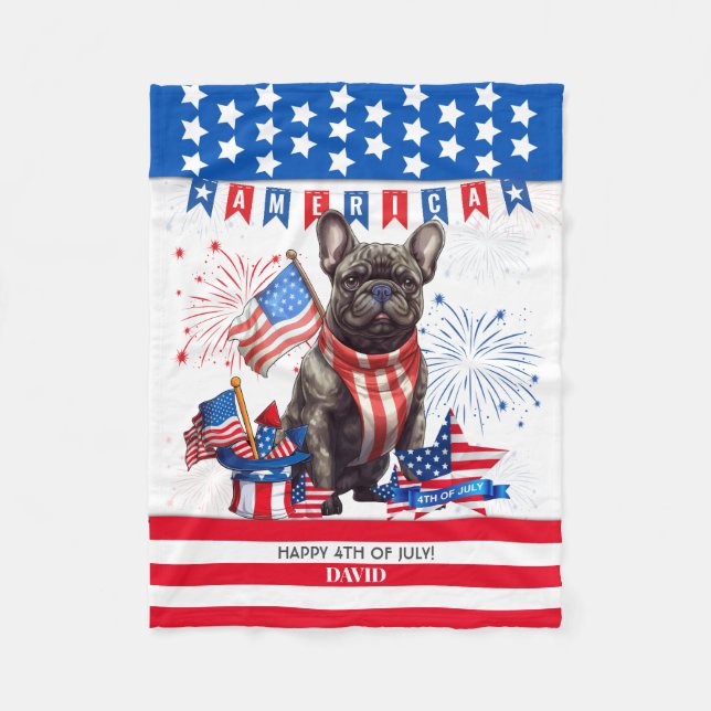 Couverture Polaire French Bulldog Happy 4 juillet Amérique patriotiqu (Devant)