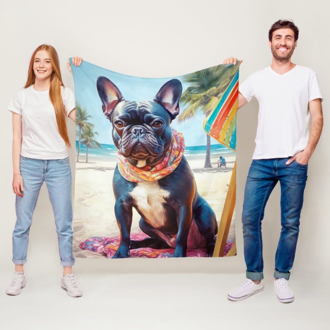 Couverture Polaire French Bulldog sur la plage, cadeau d'été pour amo (En situation)