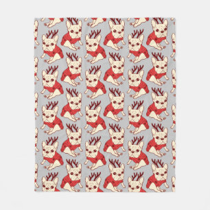 Couverture Polaire Frenchie bleu dans le chandail de Noël