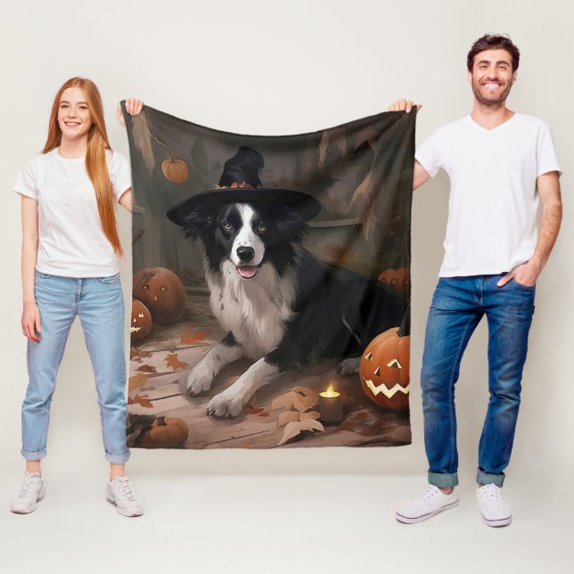 Couverture Polaire Frontière Collie Citrouilles Halloween effroi (En situation)