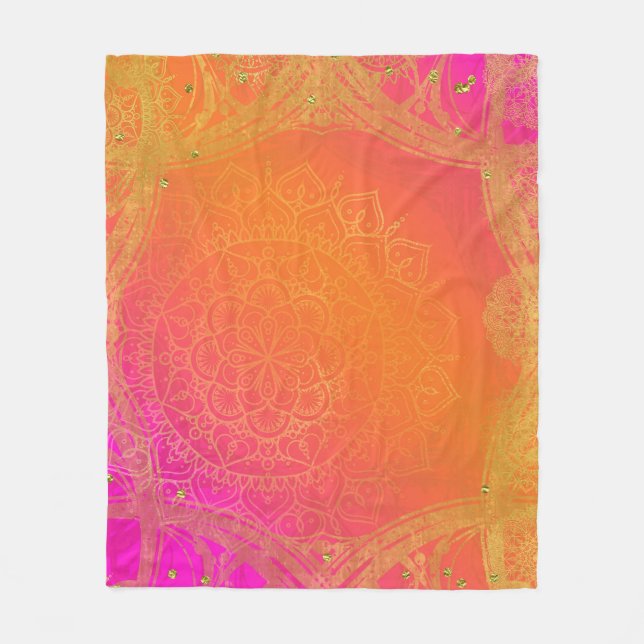 Couverture Polaire Fuchsia Pink Orange & Gold Indian Mandala Glam (Devant)
