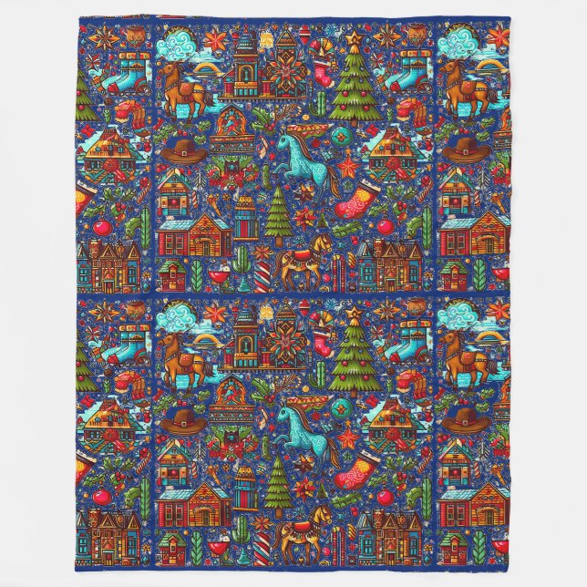 Couverture Polaire Fun Western Motif Christmas Blue (Devant)