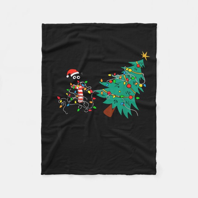 Couverture Polaire Funny Black Cat Gift Pushing Christmas Tree Over C (Devant)