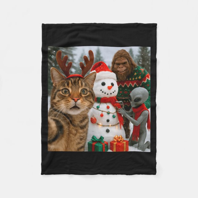 Couverture Polaire Funny Christmas Cat Selfie With Bigfoot Alien &amp (Devant)