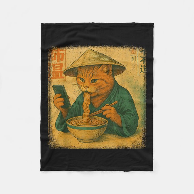 Couverture Polaire Funny Japanese Cat Eat Ramen And Scroll Phone Anim (Devant)