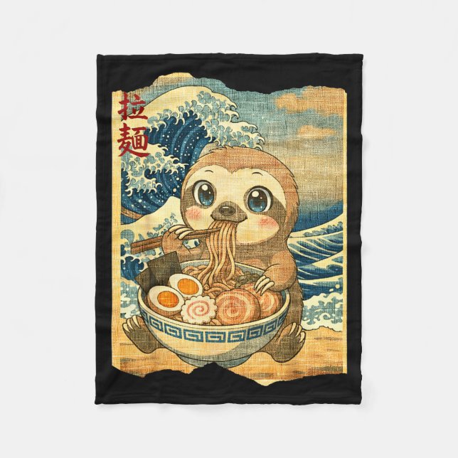 Couverture Polaire Funny Kawaii Sloth Ramen Noodle Bowl Japanese Wave (Devant)