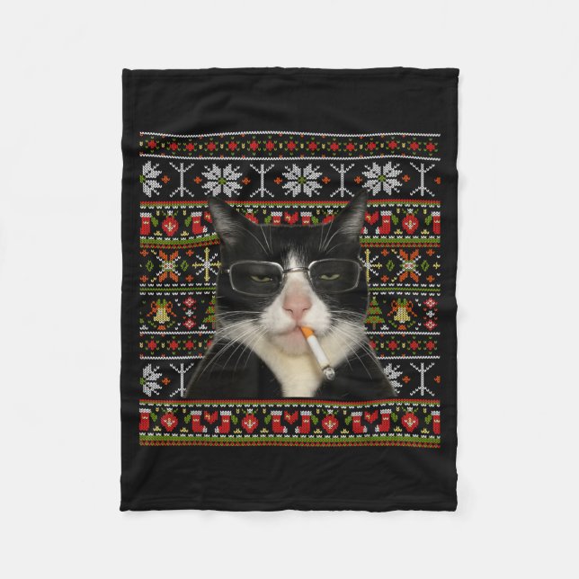 Couverture Polaire Funny Smoking Cat Meme Christmas Ugly Sweater Cat  (Devant)