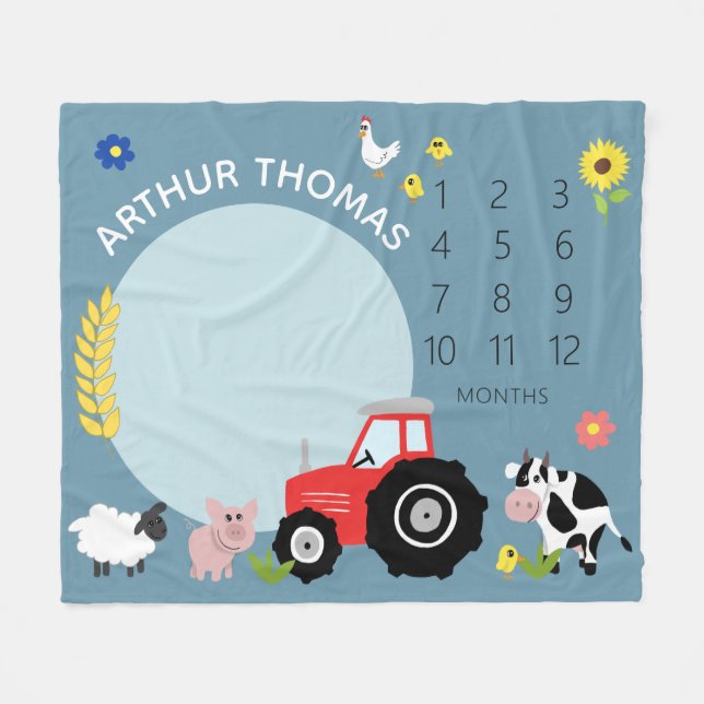 Couverture Polaire Garçons adorable ferme tracteur et nom jalon (Devant (Horizontal))