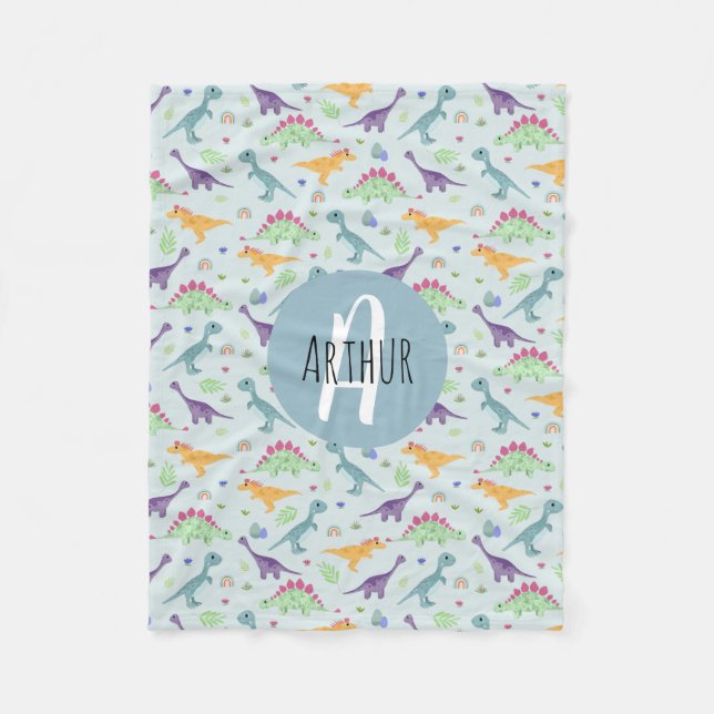 Couverture Polaire Garçons Cute Blue Dinosaur Motif & Nom Enfants (Devant)