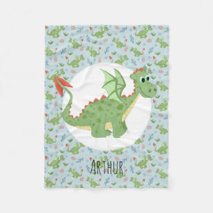 Couverture Polaire Garçons Joli Dragon Vert Motif & Nom Enfants Petit
