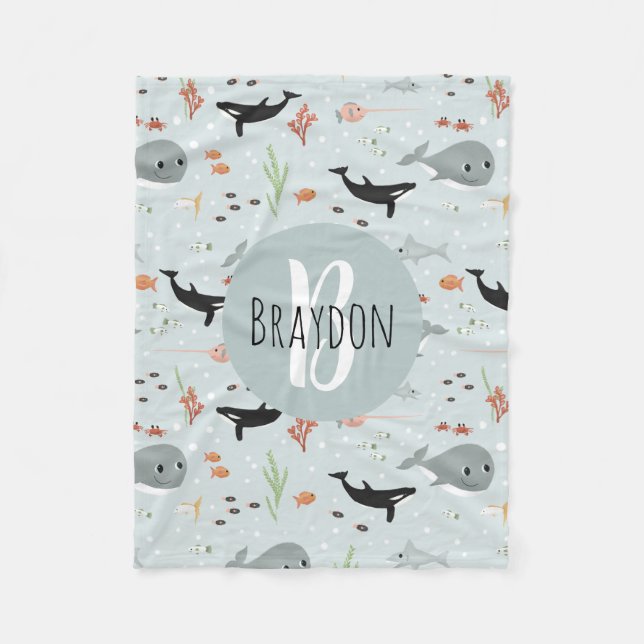 Couverture Polaire Garçons Moderne Ocean Whale Motif Monogram Enfants (Devant)