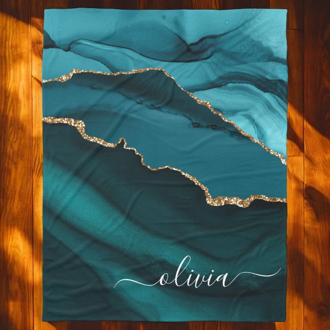 Couverture Polaire Géode de Monogramme Or Agate Bleu Sarcelle Aqua (Créateur téléchargé)