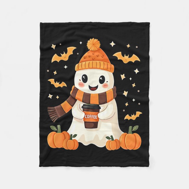 Couverture Polaire Ghost Drinking Coffee Halloween Cute Ghost Ice Cof (Devant)