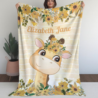 Couverture Polaire Girafe de Whimsical avec Fleurs de Soleil + Nom pe