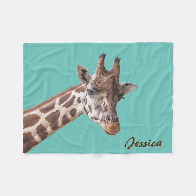 Couverture Polaire Giraffe Animal sur nom personnalisé Turquoise (Devant (Horizontal))