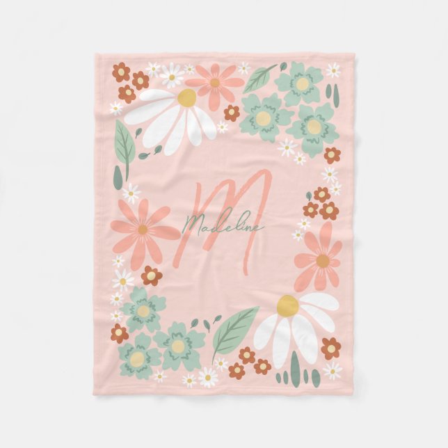 Couverture Polaire Girls Cute Pink Retro Wildflower Monogrammed (Devant)