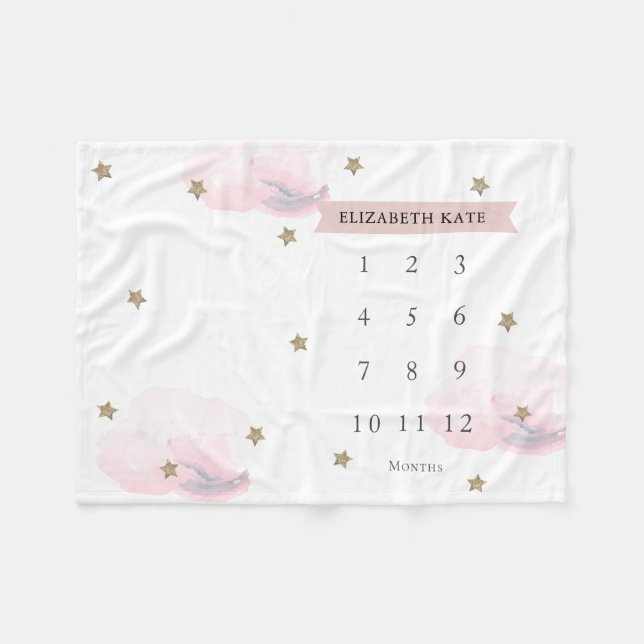 Couverture Polaire Gold Stars & Nuages Rose Girl Monthly Milestone (Devant (Horizontal))