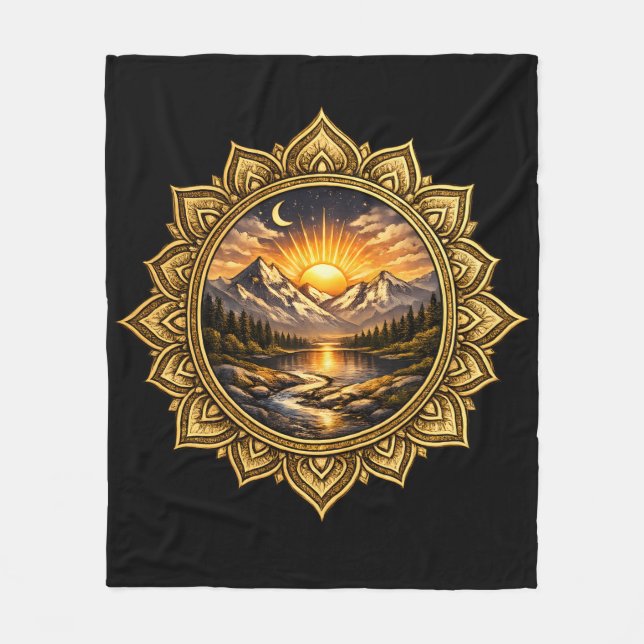 Couverture Polaire Golden Boho Mandala Mountain Sunset Art | Black (Devant)
