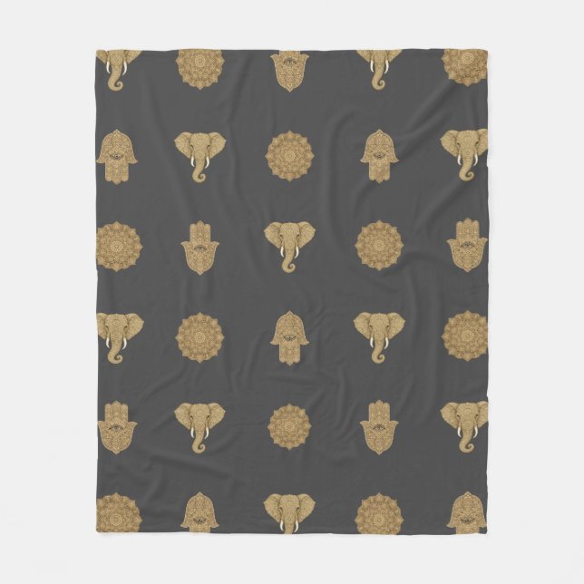 Couverture Polaire Golden Mandala Elephant Hamsa Hand -Boho Art Print (Devant)