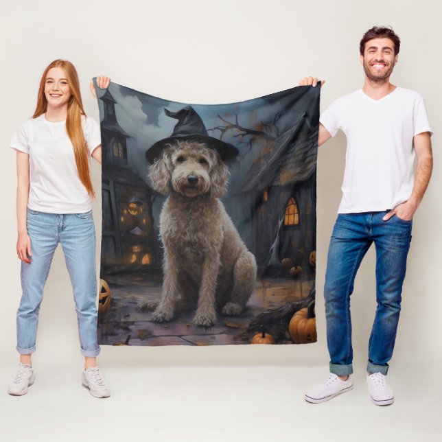 Couverture Polaire Goldendoodle Citrouille Halloween effrayant (En situation)