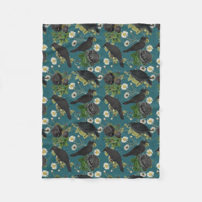 Couverture Polaire Goth Crows et Roses noirs Profond Turquoise Motif (Devant)
