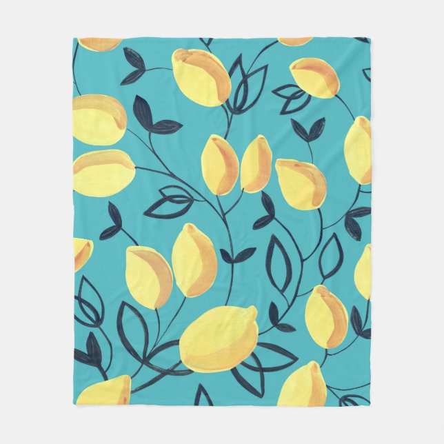 Couverture Polaire Gouache de citron jaune motif sur turquoise. (Devant)