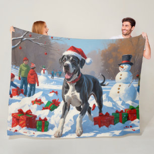 Couverture Polaire Grand Danois courant dans la neige avec un chapeau
