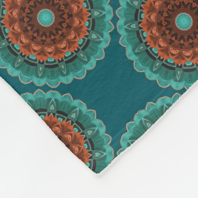 Couverture Polaire Grand Fleur Turquoise Brown Motif orange (Coin)