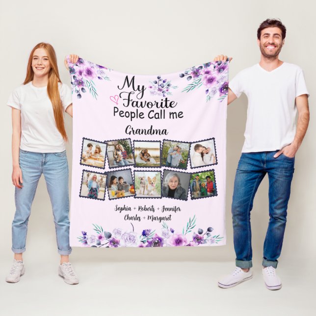 Couverture Polaire Grand-mère avec petits-enfants Nom et photo, fleur (En situation)