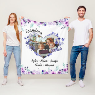 Couverture Polaire Grand-mère coeur de fleur avec petits-enfants Nom