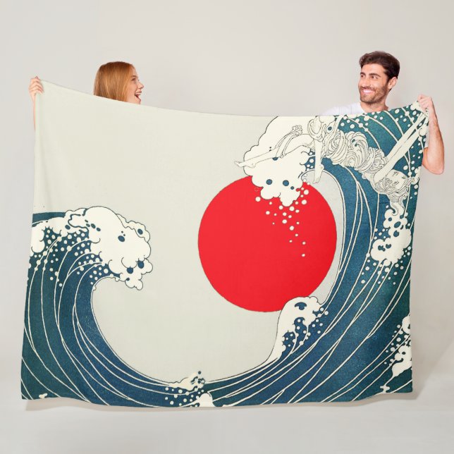Couverture Polaire GRANDE VAGUE ET ROUGE SOLEIL Bleu Blanc Nautique (En situation)
